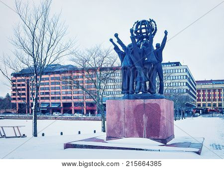 Helsinki Finland - March 8 2017: World Peace Statue in Helsinki Finland in winter.