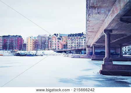 Siltavuorensalmi bridge and the embankment of Helsinki Finland in winter.