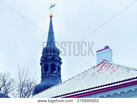 Spire of Dome Cathderal in the Old Town of Tallinn Estonia in winter