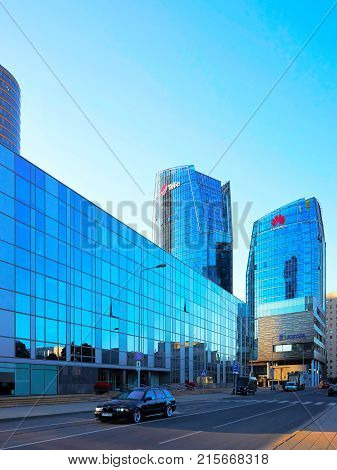 Vilnius Lithuania - August 8 2017: Huawei Technologies and Telia company headquarter in the modern office building skyscraper in the business district on Europe Square in Vilnius Lithuania.