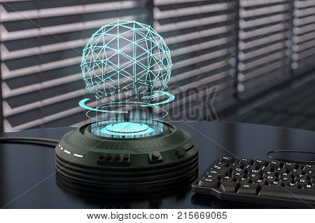 a holo projector projects a shimmering blue sphere(3d rendering)