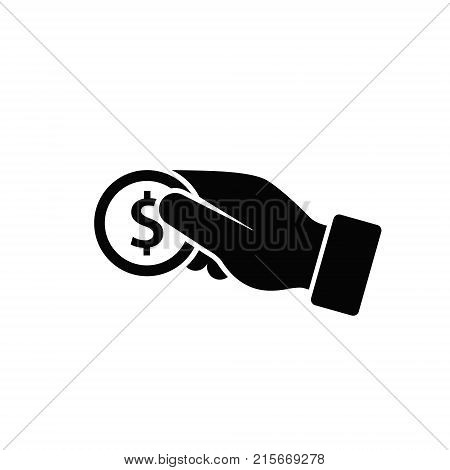 Hand hold coin icon pay insert giving money flat silhouette. Vector.