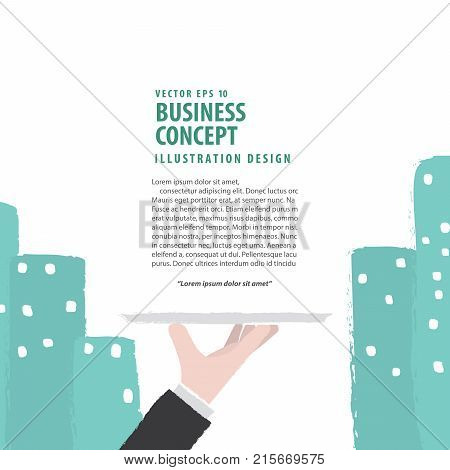 Banner Hand Holding The Building On A Platter Meaning Business Or Invesment Or Growth On White Backg