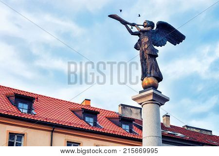 Angel statue in Uzupis district at the Old city center of Vilnius Lithuania