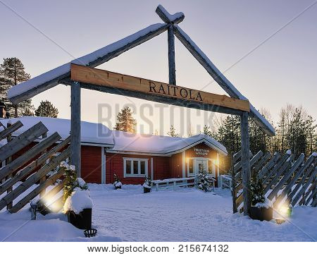 Rovaniemi Finland - March 3 2017: House at Raitola reindeer farm in winter Rovaniemi Lappish Finland.