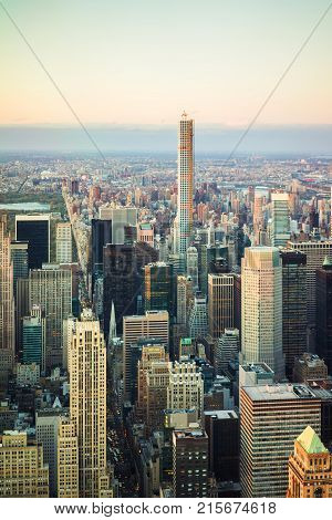 Panoramic view from Observatory deck of the Empire State Building on Midtown district of Manhattan in New York NYC. Central park and East river are on the background.