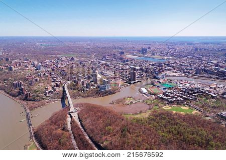 Aerial view on 145th Street Bridge between Manhattan and Bronx  