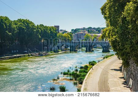 Ponte Sant Angelo Bridge over Tiber River Rome Italy. The bridge is also called as the Bridge of Hadrian or the Aelian Bridge; or Pons Aelius.