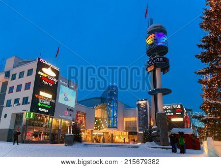 Lordi Square And People At Winter Rovaniemi At Night