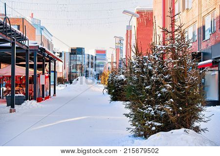 Snowy Lordi Square in winter Rovaniemi Lapland Finland.