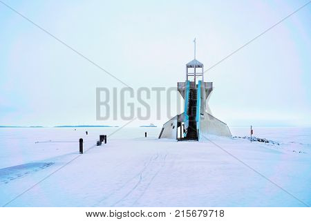 Lighthouse With Staircase At Baltic Sea In Winter Oulu