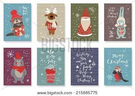 Set of cute cards with hand drawn anomals and Christmas greetings. Vector illustration.