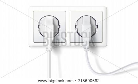 Electric plugs and socket. Realistic white plugs inserted in electrical outlet, isolated on white background. Icon of device for connecting electrical appliances, equipment. Vector 3D illustration.