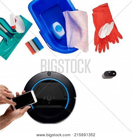 Set of classic cleaning equipment and modern with remote control of robotic vacuum cleaner