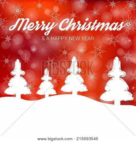 New Year And Merry Christmas Illustration, Bokeh Redbackground With Christmas Trees, Snowflake And S