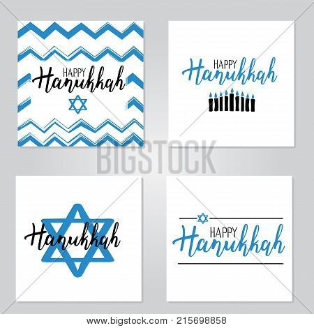 Vector illustration set of Happy Hanukkah. Lettering text sign isolated on white background. Judaism symbol. Hanukkah logo for greeting card template