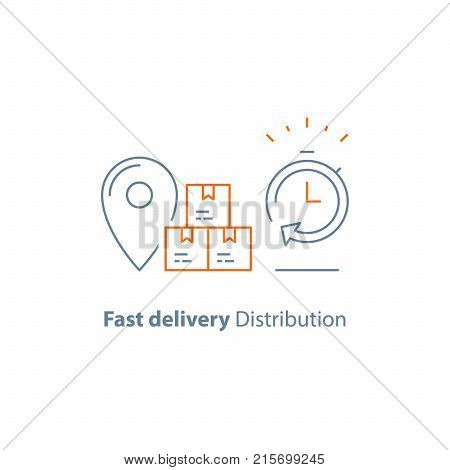 Express order delivery, distribution and shipping service, logistics company, send parcel, receive box, pick up point, time period, vector line icon thin stroke