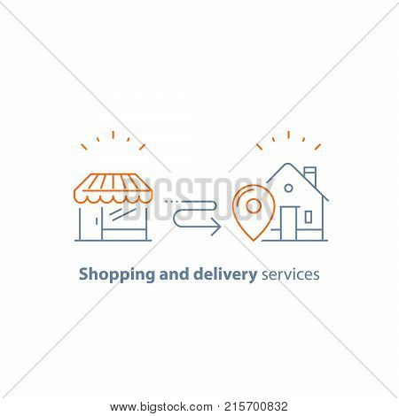 Shopping order delivery to home, distribution service concept, retail business, store vector line icon, thin stroke