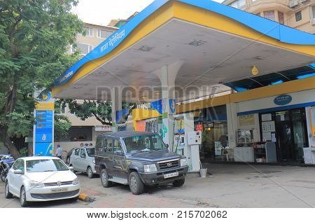 Mumbai India - October 11, 2017: Unidentified People Buy Petrol At Bharat Petroleum Petrol Station. 