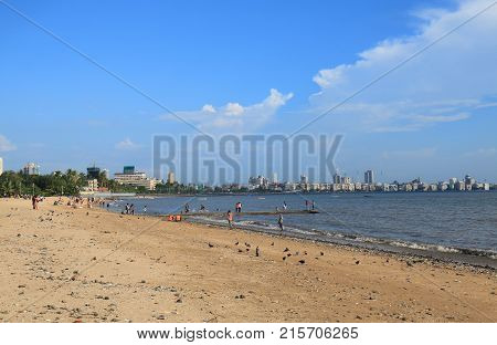 Chowpatty Beach And Mumbai Cityscape Mumbai India