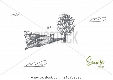 Sauna concept. Hand drawn superhero with sauna broom in his hand. Flying hero holds bath accessory isolated vector illustration.