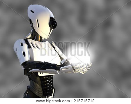 3D rendering of a female android robot holding a glowing sphere of energy or light in her hand against a gray background.