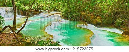 Tat Kuang Si Waterfalls. Beautiful panorama landscape. Luang Prabang. Laos.