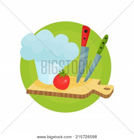 Chef profession icon, chef hat with kitchen utensils cartoon vector Illustration isolated on a white backgroun