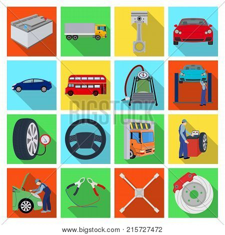 Car, lift, pump and other equipment flat icons in set collection for design. Car maintenance station vector symbol stock illustration .