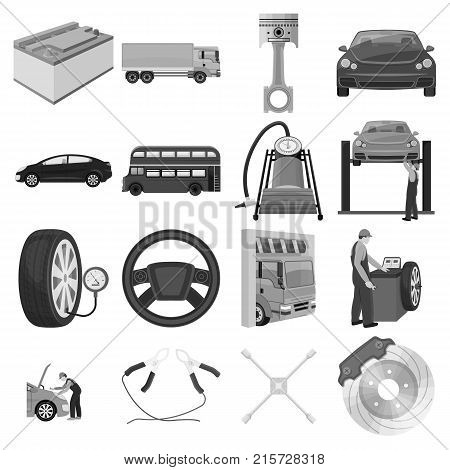 Car, lift, pump and other equipment monochrome icons in set collection for design. Car maintenance station vector symbol stock illustration .