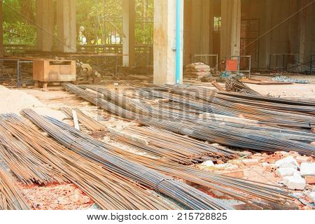 steel bar On the floor soil in construction site