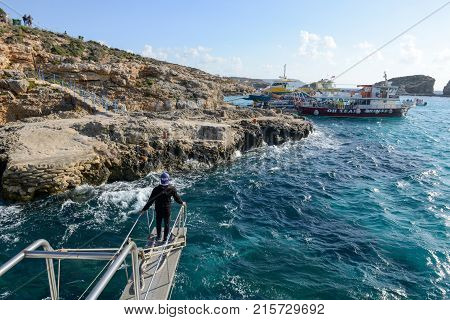 Tourist Boat Is Landing At The Island Of Comino, Malta