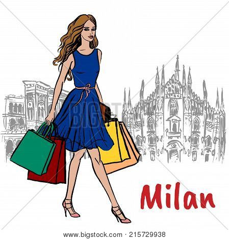 Hand-drawn sketch of woman in Milan at Piazza del Duomo in Italy.