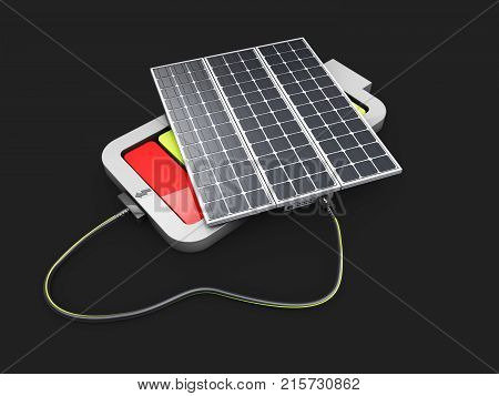 3d illustration of Sunbattery and battery. The design concept of solar energy. isolated black.