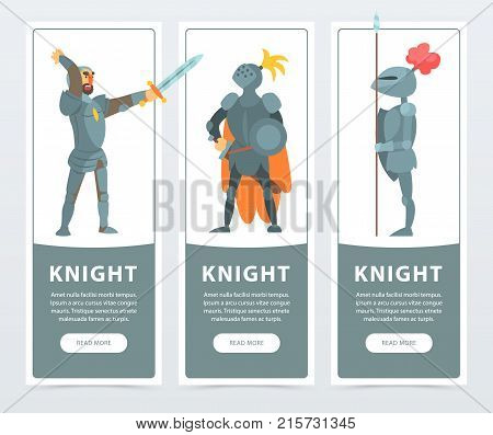 Vector set of vertical banners with medieval knights posing in full armor. Guardians of the kingdom. Cartoon design of medieval characters for card or poster. Colorful comic illustration in flat style