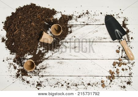 Gardening tools top view on white wooden planks background with copy space around products. Border with place for text. Gardening or planting concept seen from above. Working in a clean indoor garden.