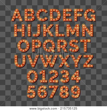 Retro light bulb bright alphabet isolated on transparent background. Vector illustration