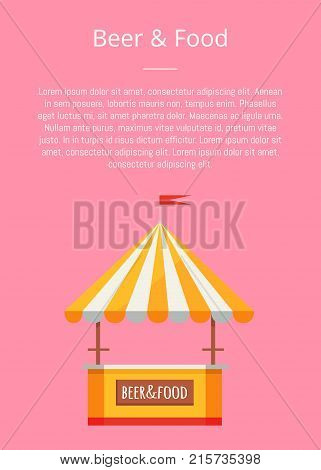 Beer and food festival tent of orange and white colors, selling drinks and snacks represented on vector illustration on pink background with text