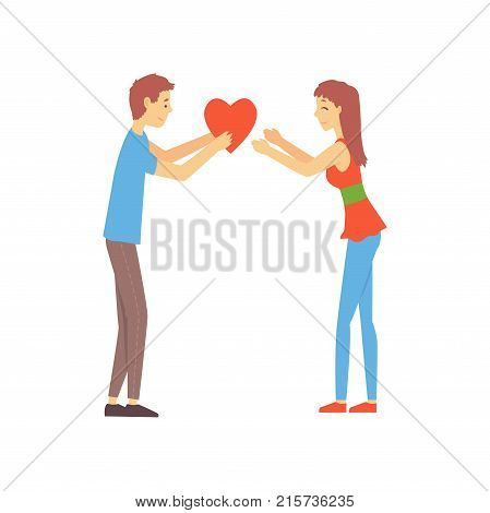 Young boy giving his heart to cute girl. Man and woman attracted to each other. Online dating service or website promo concept. Fall in love. Vector illustration in flat style isolated on white.