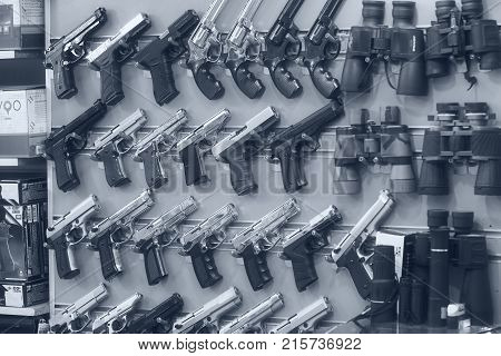 ISTANBUL, TURKEY - 4 APRIL 2017: Showcase of a gun shop in Istanbul at a weapons store on the Galata Bridge.