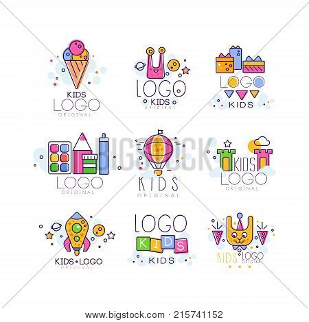 Creative kids logo set in line style. Colorful objects ice cream, alien, gift, air balloon, castle, rocket, cubes, bunny, paint and pencil. Vector design for children development center, toys store.