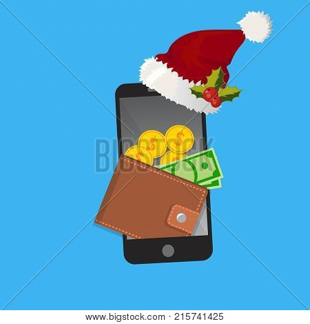 Vector Christmas or ney year Mobile wallet concept. Smart phone with wallet, credit cards and santa claus hat. Mobile or internet banking design.