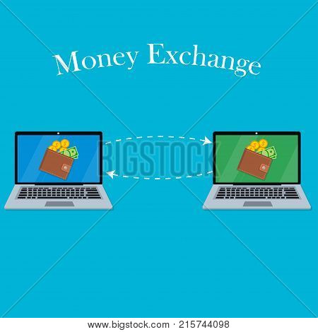 vector digital mobile wallet vector concept. Laptop screen with wallet coins and banknotes. Internet banking or wireless money transfer concept. Money exchange