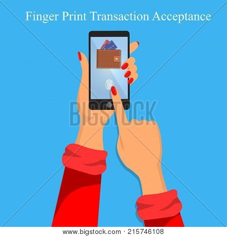Vector illustration of identification by fingerprint on smartphone . illustration of finger print identification or verification on mobile wallet app or internet banking