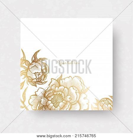 Gold flowers and leaves of peonies. Vector elements for design template. Ornate decor for invitations wedding greeting cards certificate labels.