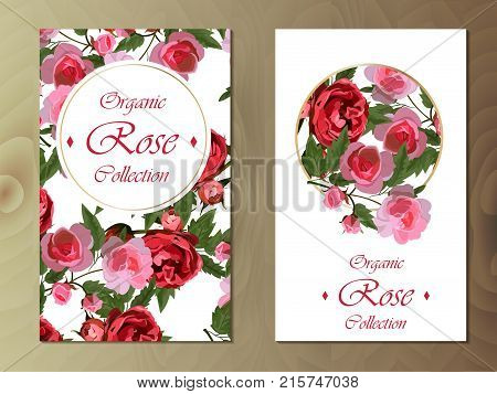 Postcard with floral design. Roses print. Celebration or wedding invitation card with roses