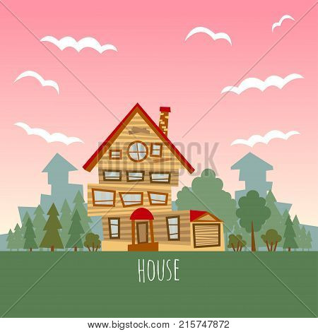 Vector house with greenery, shrubs and trees in the background of a pink sky