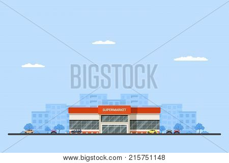 Picture of a supermarket building with cars and big city sillhouette on background. Urban landscape. Flat style illustration.
