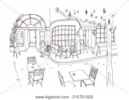 Monochrome rough sketch of european outdoor or sidewalk cafe, restaurant or coffeehouse with tables and chairs standing on city street. Vector illustration hand drawn in black and white colors