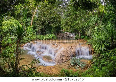 Mae Kae 2 (Kaofu) waterfall the Most Famous in Lampang Thailand. Beautiful silky waterfall flow through stones. Mountain stream running over rocks.